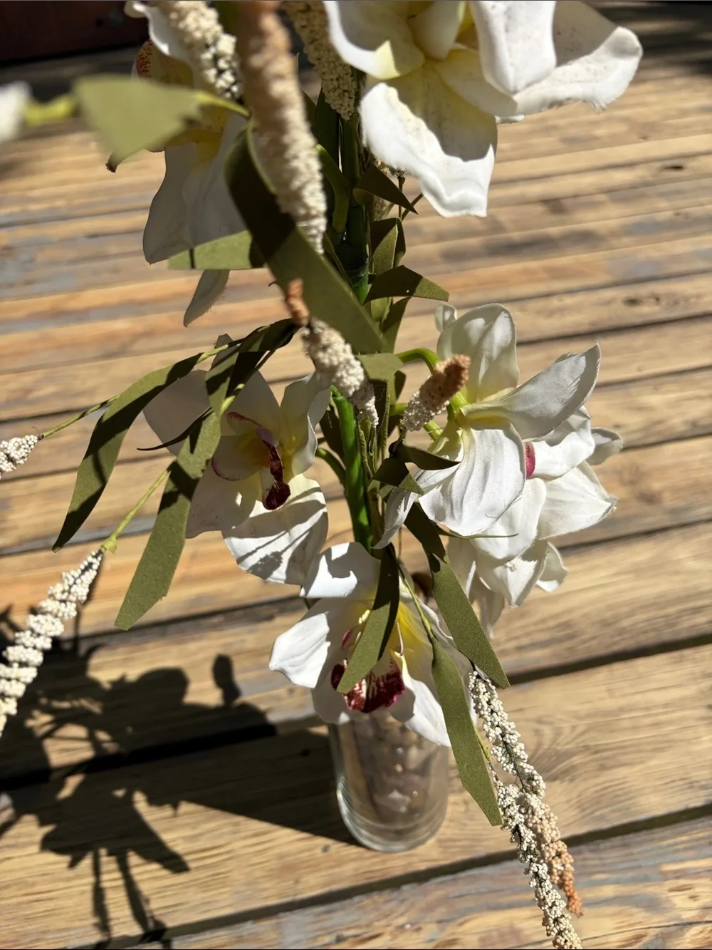 White Orchid Artificial Arrangement in Glass Vase with River Rocks